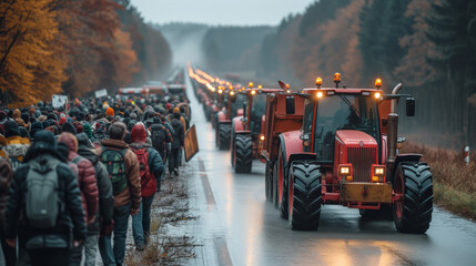 Agricultural workers protest. Protesting farmers blocking streets by convoys of tractors.  - obrazy, fototapety, plakaty