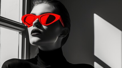 A stylish woman gazes confidently at the camera, her face adorned with vibrant red sunglasses, as she stands against a wall, embodying fashion and accessorizing with eyewear