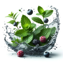 Clean water splash with mint leaves,  wildberries and splatters in water wave isolated on white background - obrazy, fototapety, plakaty