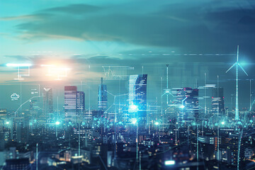 A futuristic city skyline with integrated energy storage structures, renewable sources for a sustainable and resilient urban energy grid.