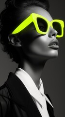 A stylish woman stands out in a crowd with her neon sunglasses, adding a touch of modernity to her eyewear and showcasing her unique fashion sense
