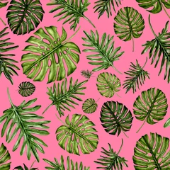 Stof per meter Tropische planten Watercolor seamless pattern with tropical leaves. Beautiful allover print with hand drawn exotic plants. Swimwear botanical design. 