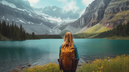 a hiker looking at a lake in the mountains