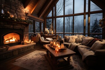 A warm and inviting living room adorned with festive Christmas decorations and a crackling fireplace, perfect for the holiday season