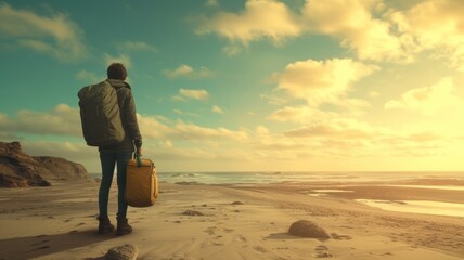 a person standing on the beach with backpack