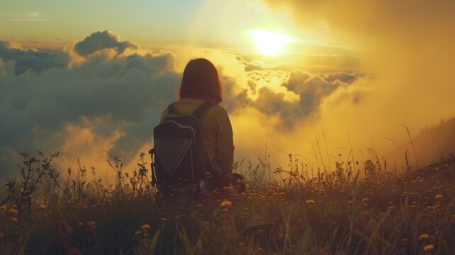 silhouette of a person sitting on top of the mountains and looking at clouds and sunset 