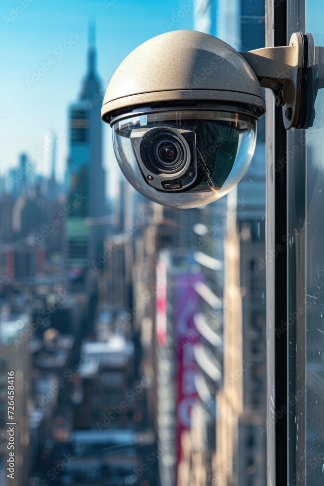 Poster a camera is mounted on the side of a tall building. this image can be used to depict surveillance, s