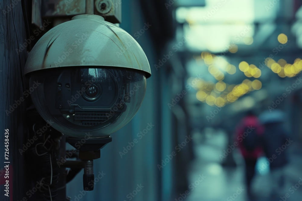 Poster a camera is mounted on the side of a building. ideal for surveillance and security purposes