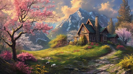 spring landscape with cottage and blooming tree