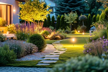 Enchanted Evening in a Well-Lit Garden Pathway with Blooming Flowers and Lush Greenery