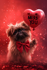 Cute brussel griffon with a red heart balloon on red background. With a text Miss you. For Valentine's Day celebration. Romantic holiday and pet concept. Funny animal for wallpaper, poster, card