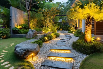 Tranquil Nighttime Garden Walkway Enhanced with Strategic Lighting and Tropical Foliage