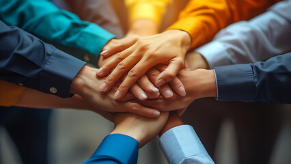 Business concept with team, cooperation, united hands signifying solidarity.