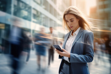 Businesswoman using her mobile phone, typing messages while navigating through busy streets during rush hour.