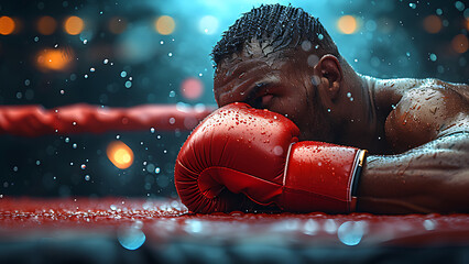 TKO knockout boxing man lying on the floor, boxing arena. - obrazy, fototapety, plakaty