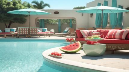 Fototapeta na wymiar Large Watermelon at Luxurious Mansion Poolside Lounge - Generative AI