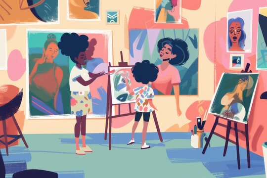A digital artwork showing a mother teaching her daughter to paint, surrounded by artwork of influential women. 