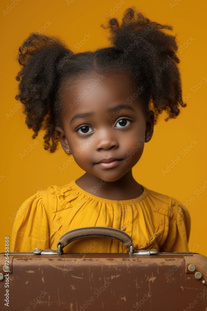 Poster a little girl holding a suitcase and looking directly at the camera. perfect for travel-related them