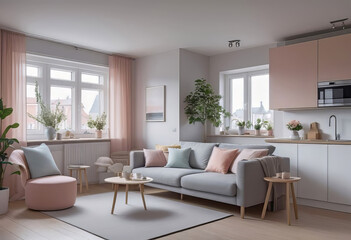 Fototapeta premium Small cozy apartment in a bright Scandinavian style with a stylish design with a large window, living room, hygge concept,