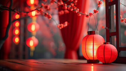 Spring Festival atmosphere, festive, red, red curtains as background, small red lanterns as decoration, empty table corner, close-up shot, high-end, window sill live shot. Chinese New Year. - obrazy, fototapety, plakaty