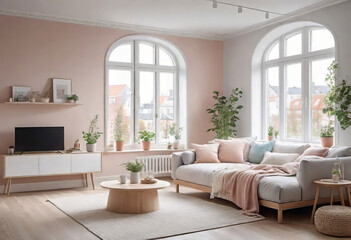 Small cozy apartment in a bright Scandinavian style with a stylish design with a large window, living room, hygge concept,