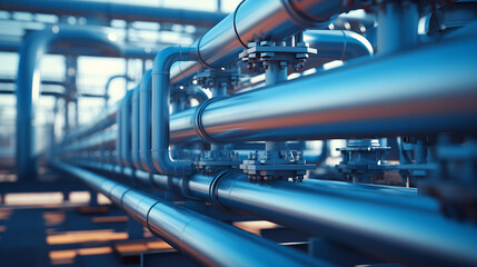 soft focus Oil and gas processing plant with pipe line valves. Pipelines in a gas compression station - obrazy, fototapety, plakaty