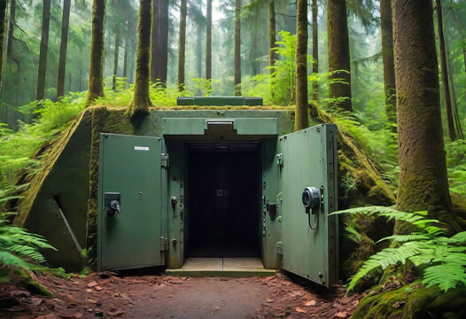 Entrance to a bunker with digital combination locks in the middle of a dense forest, a security hideout, an abandoned military facility,