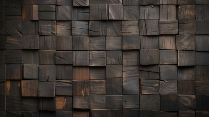 Dark Rustic Wooden Block Wall Background with Varied Textures and Rich Tones Backdrop