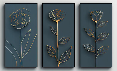 A set of canvases with golden flowers on gray  background.
