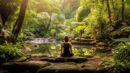Woman Meditating in a Lush Forest - Generative AI