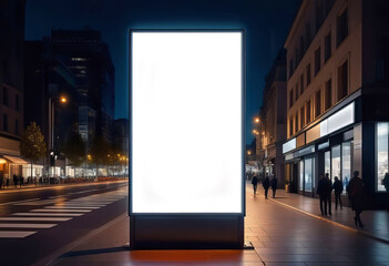 Blank billboard on a city street, lightbox for outdoor advertising, information board for the public, stand with digital screen in the city at night, on an illuminated street