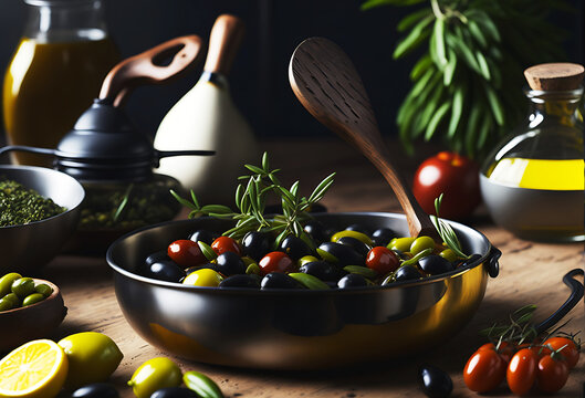 A set of Olives green and black on a dark background