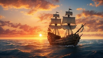 Sunset at sea and a pirate ship

