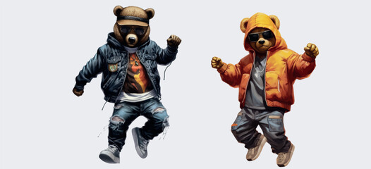 Fototapeta na wymiar Urban Fashion Bears: Vector Illustration of Two Stylish Bears in Trendy Streetwear, Showcasing Dynamic Poses and Modern Outfits for Urban Fashion Themes