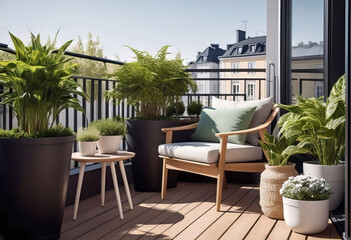 Fototapeta premium Beautiful cozy design of balcony or terrace with wooden floor, chair and green plants in pots. Cozy relaxation area at home. Sunny stylish terrace-balcony in the house,