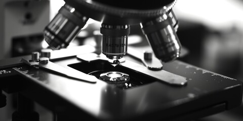 A black and white photo of a microscope. Can be used for scientific research, education, or medical purposes