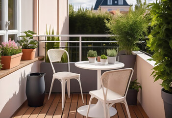 Beautiful cozy design of balcony or terrace with wooden floor, chair and green plants in pots. Cozy relaxation area at home. Sunny stylish terrace-balcony in the house,