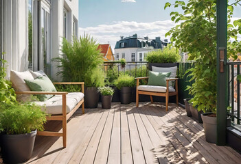 Beautiful cozy design of balcony or terrace with wooden floor, chair and green plants in pots. Cozy relaxation area at home. Sunny stylish terrace-balcony in the house,