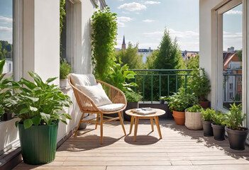 Obraz premium Beautiful cozy design of balcony or terrace with wooden floor, chair and green plants in pots. Cozy relaxation area at home. Sunny stylish terrace-balcony in the house,