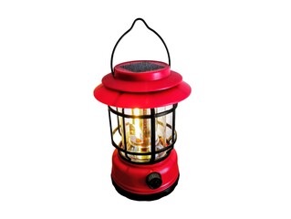 The white background in the picture is a red lantern with a black steel frame covering the bulb and a black handle. It has a compact shape and is used to turn on the light for use in dark places.