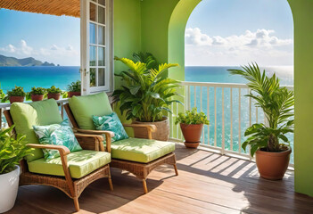 Beautiful cozy design of balcony or terrace with wooden floor, chair and green plants in pots. Cozy relaxation area at home. Sunny stylish terrace-balcony in the house,