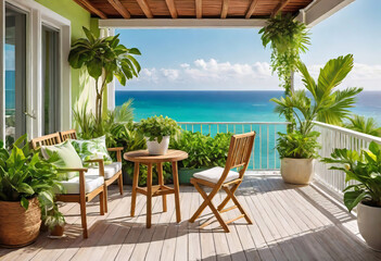 Obraz premium Beautiful cozy design of balcony or terrace with wooden floor, chair and green plants in pots. Cozy relaxation area at home. Sunny stylish terrace-balcony in the house,