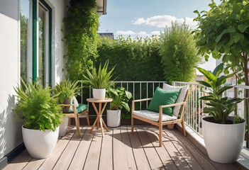 Beautiful cozy design of balcony or terrace with wooden floor, chair and green plants in pots. Cozy relaxation area at home. Sunny stylish terrace-balcony in the house,