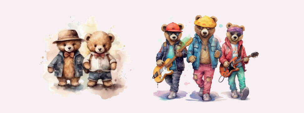 Adorable Illustrated Teddy Bears in Outfits, Including Classic, Casual, and Rock Star Styles, Showcasing Diverse Personalities