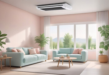 Obraz premium Home air conditioner installed in a room with a sofa and a view from the window, the concept of a pleasant atmosphere and control the temperature of the house,