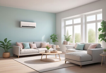 Naklejka na ściany i meble Home air conditioner installed in a room with a sofa and a view from the window, the concept of a pleasant atmosphere and control the temperature of the house,