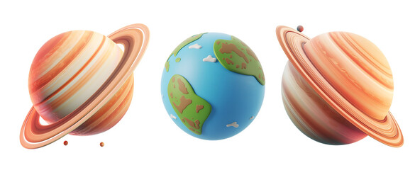 Assortment of Vivid Planets Including Earth: Elementary 3D Cartoon Depiction for Children, Isolated on Transparent Background, PNG