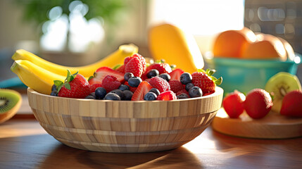 Fototapeta premium Fresh Fruits on a Wooden Table in the Morning Light - Generative AI