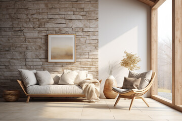 Interior of modern living room with white walls, wooden floor, beige sofa and coffee table with plant. 3d render