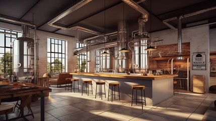 Copper brewery. Distillery. Modern  beer plant with brewering kettles, tubes and tanks. Microbrewery - obrazy, fototapety, plakaty